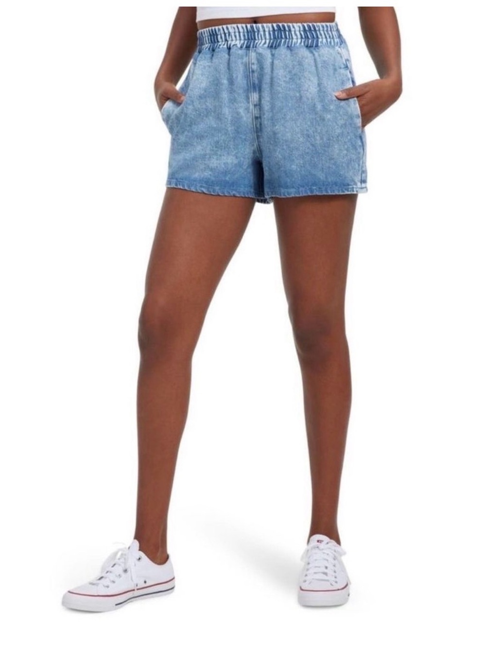 Good American Pull Up Elastic-Waist Denim Shorts